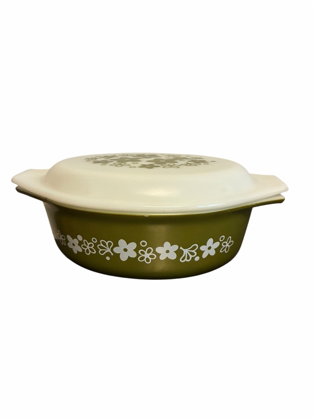 Vintage Pyrex Spring Blossom Green Crazy Daisy Oval Casserole Dish with Lid